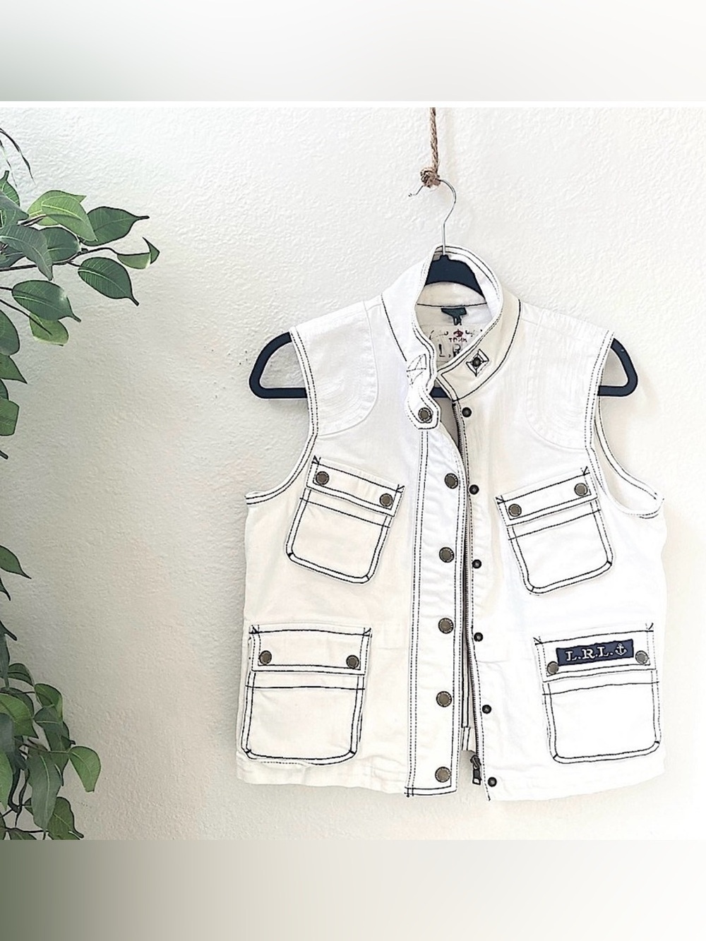 Vintage Lauren Ralph Lauren Womens White Utility Denim Zip Button Vest Size L